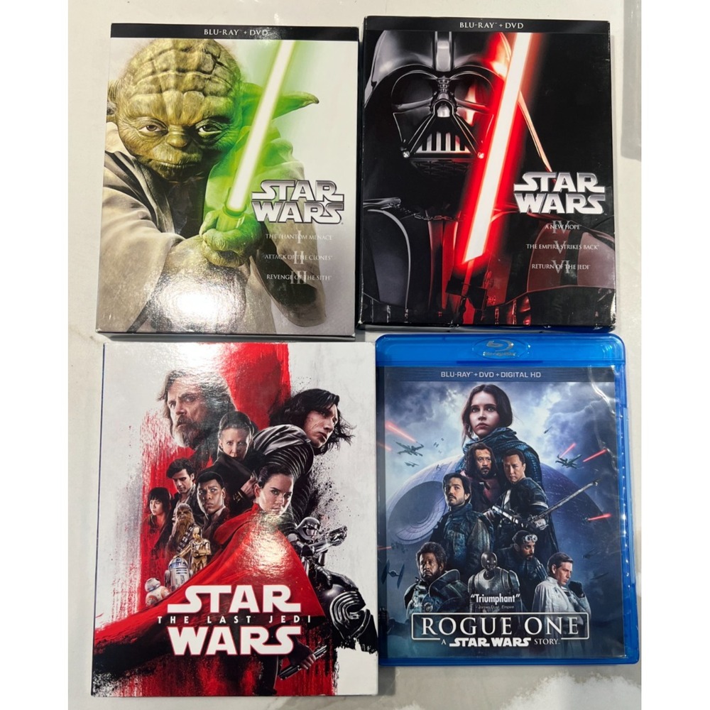 Star Wars Movie DVD/Blu-Ray Set of 4 The Force Awakens, Rogue One, The Last Jedi